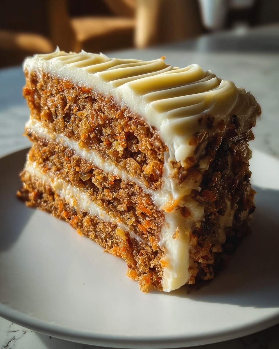A close-up of a single slice of carrot cake on a white plate, showing two layers of moist, textured, light brown cake with visible bits of carrot and nut pieces. Between the cake layers is a thin spread of creamy white frosting. The top layer is smoothly covered with a thick, creamy white frosting decorated with gentle swirls. The scene is set against a softly lit white marbled surface. Photo taken with an iphone --ar 4:5 --v 7
