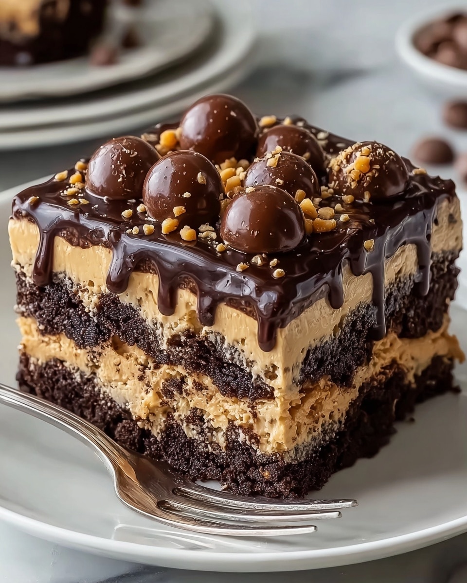 A square dessert with four visible layers sits on a white plate placed on a white marbled surface. The bottom and third layers are dark chocolate cake with a crumbly texture, while the second and fourth layers are light brown creamy peanut butter filling, thick and smooth. The top is glossy dark chocolate ganache, spread evenly and draping over the edges, with small round chocolate wafer balls and crushed peanuts scattered on top. A silver fork rests beside the dessert, and a piece is missing from the front corner, showing the rich layers inside. Photo taken with an iphone --ar 4:5 --v 7