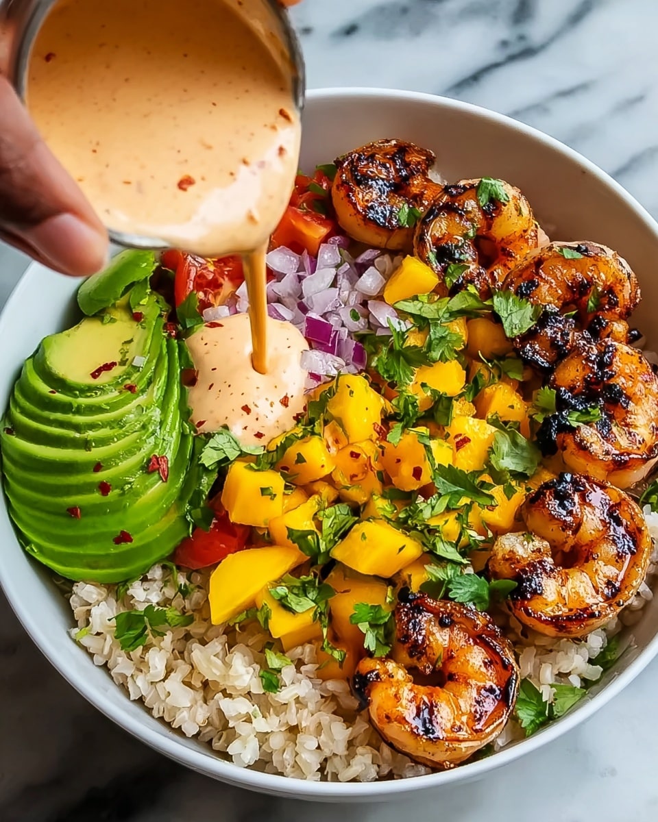 A white bowl filled with grilled shrimp with char marks arranged on one side over a base of light-colored cooked grains. Next to the shrimp, there are bright yellow mango cubes mixed with small bits of red onion and tomato, topped with chopped green herbs. On the other side, there are slices of green avocado and yellow squash layered neatly. A creamy pinkish sauce with herbs is being poured over the middle by a metallic container from above. The bowl sits on a white marbled surface. photo taken with an iphone --ar 4:5 --v 7