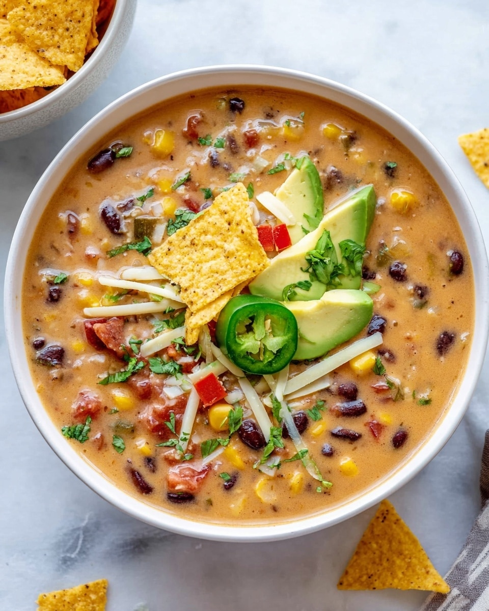 A white bowl filled with thick creamy soup that is light brown with visible pieces of black beans, corn, and diced tomatoes mixed throughout. On top, there are three slices of green avocado, several thin white cheese strips scattered around, bright green jalapeño slices, small red diced peppers, and broken yellow tortilla chip pieces. The bowl sits on a white marbled surface with some tortilla chip pieces scattered near the bowl's edge. A partial view of a white bowl filled with whole tortilla chips is on the side. photo taken with an iphone --ar 4:5 --v 7
