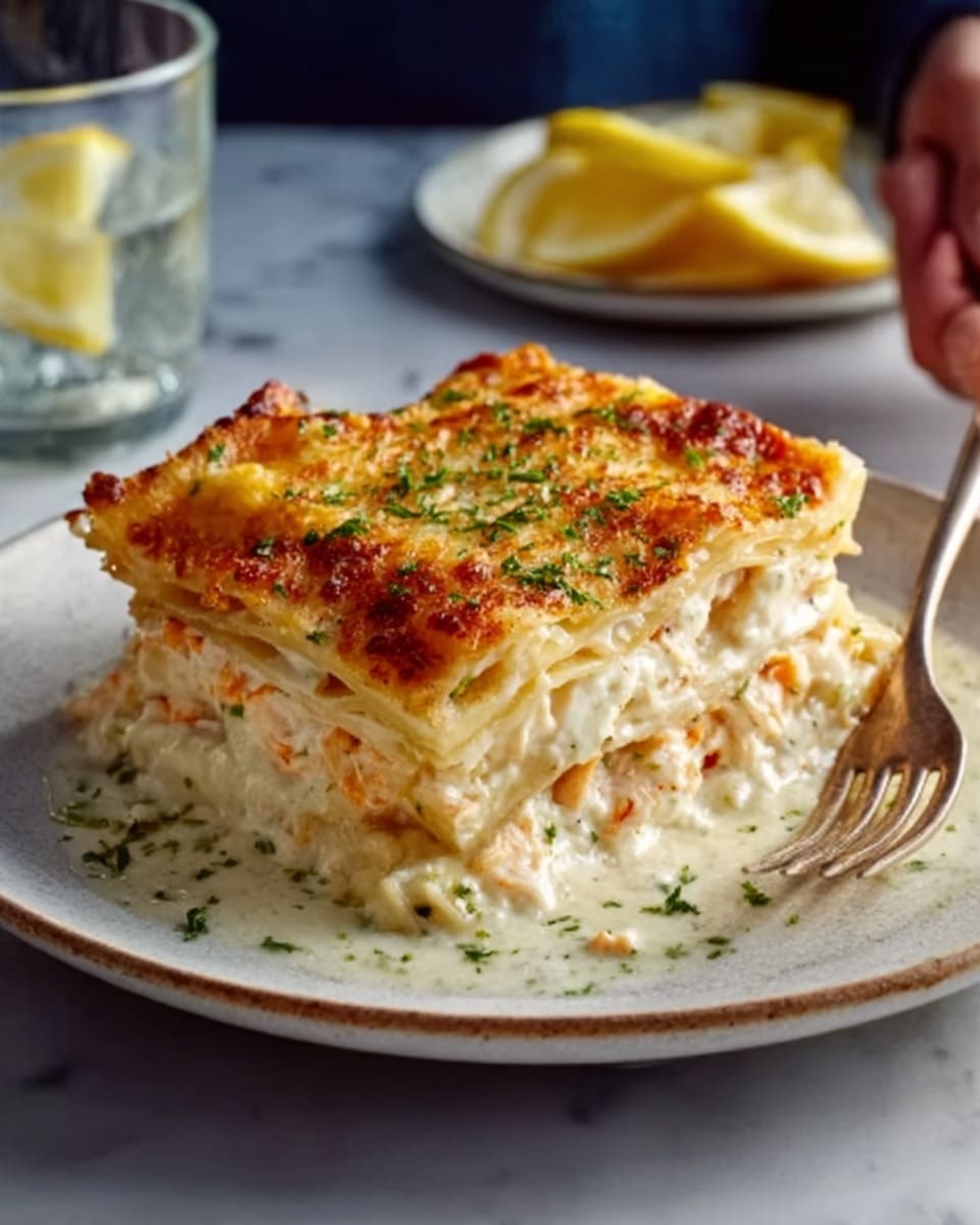 A white plate holds a three-layer creamy lasagna. The bottom layer is a smooth, pale white sauce with visible small chunks of chicken. The middle layer is a thick, light orange cheese mixed with tender pasta sheets. The top layer has a golden-brown, slightly crispy melted cheese crust with sprinkled green herbs. The plate sits on a white marbled surface with a blurred glass of water and lemon wedges in the background, and a woman's hand holding a fork near the dish. photo taken with an iphone --ar 4:5 --v 7