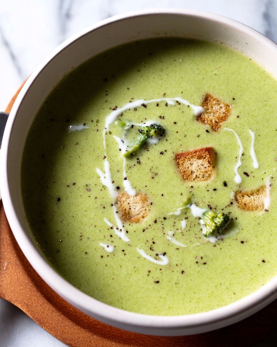A bowl filled with creamy green broccoli soup, smooth in texture with small broccoli florets visible inside, topped with four golden-brown toasted croutons scattered across the surface. The soup has a light sprinkle of cracked black pepper for added detail. The bowl is a natural ceramic color with a simple rustic feel, sitting on a white marbled surface with a dark striped cloth partially visible on the right side. Photo taken with an iphone --ar 4:5 --v 7