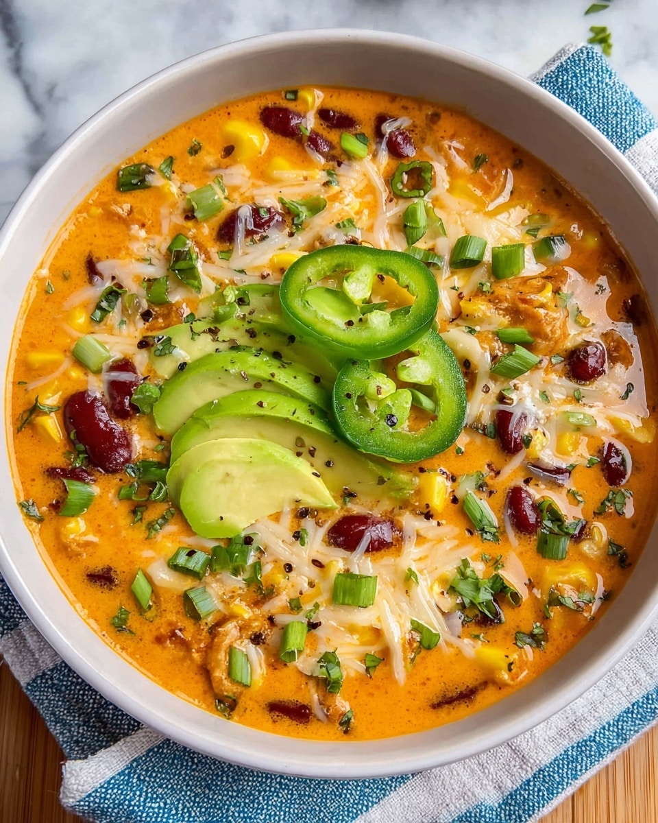 A white bowl filled with a thick orange soup that has visible pieces of yellow corn and dark red beans mixed in, topped with white melted cheese scattered across the surface. In the center sits sliced green avocado fanned out neatly, surrounded by slices of green jalapeño and small chopped green onions sprinkled all over. The soup looks creamy with a glossy finish and small black pepper bits scattered on top. The bowl is set on a white marbled surface with a blue and white striped cloth underneath. photo taken with an iphone --ar 4:5 --v 7