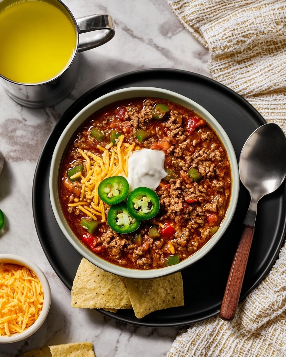 A bowl filled with thick chili showing visible layers of cooked ground beef mixed with red and green bell pepper pieces, topped with a dollop of white sour cream, bright yellow shredded cheddar cheese, and three slices of fresh green jalapeño arranged on the side near the top edge. The bowl is placed on a white plate that sits on a larger black plate with a silver spoon with a brown wooden handle on the right side. On the white marbled surface around the plates, there are two light yellow tortilla chips resting at the bottom, a small white bowl full of shredded cheddar cheese to the left, and a round silver cup filled with a bright yellow liquid near the top left, reaching almost to the rim. Part of a white and beige patterned cloth is partially visible on the right edge. photo taken with an iphone --ar 4:5 --v 7