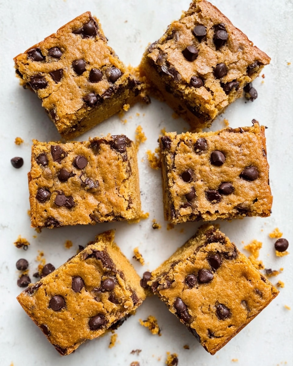 The image shows six square chocolate chip cookie bars arranged closely together on a white marbled surface. Each cookie bar has a golden-brown color with a soft, slightly puffy texture and is topped with scattered dark brown chocolate chips. The cookie bars have a slightly crispy edge and a moist center, visible from the crumbly bits on the surface and around the edges. The top is smooth but uneven, indicating a fresh, homemade look. Photo taken with an iphone --ar 4:5 --v 7