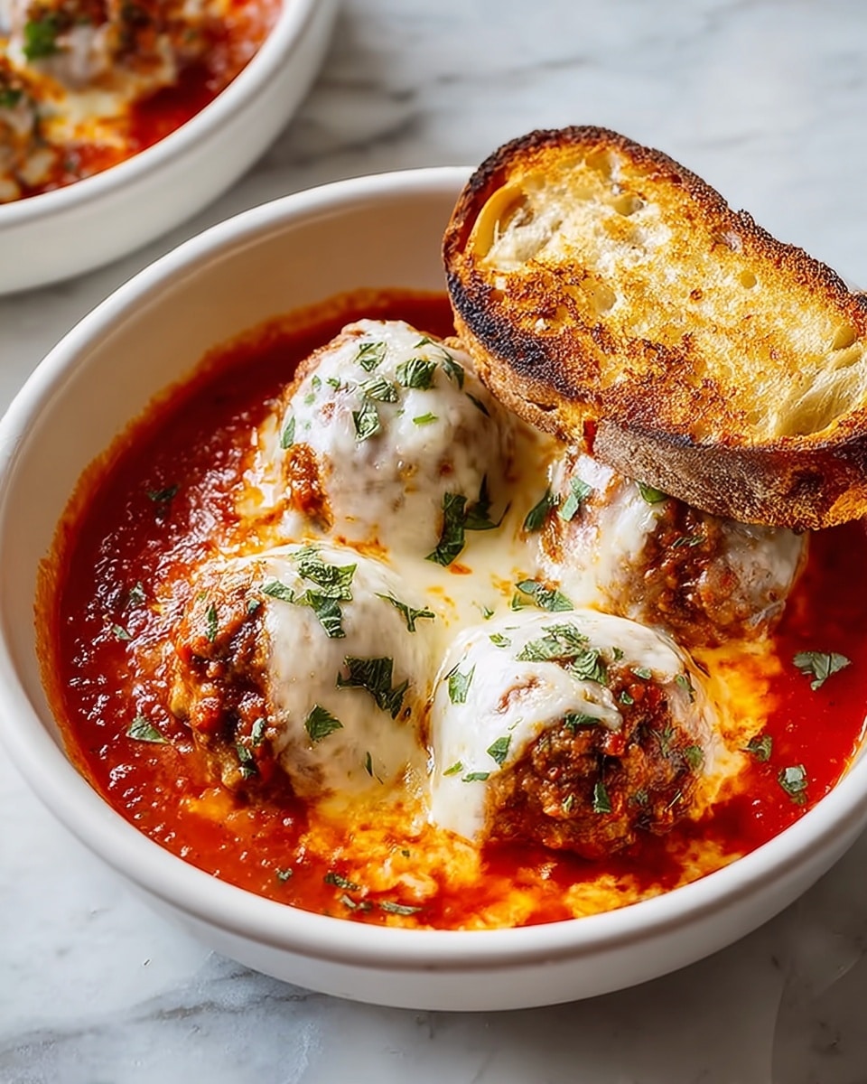 The image shows a white bowl filled with three large meatballs covered in melted white cheese sitting in a thick, rich red tomato sauce with visible herbs. A piece of bread partially soaked in sauce rests inside the bowl at the side, its crust golden brown and the inside soft and porous. The bowl is placed on a white marbled surface, and soft steam rises from the hot dish, giving it a fresh, inviting look. photo taken with an iphone --ar 4:5 --v 7