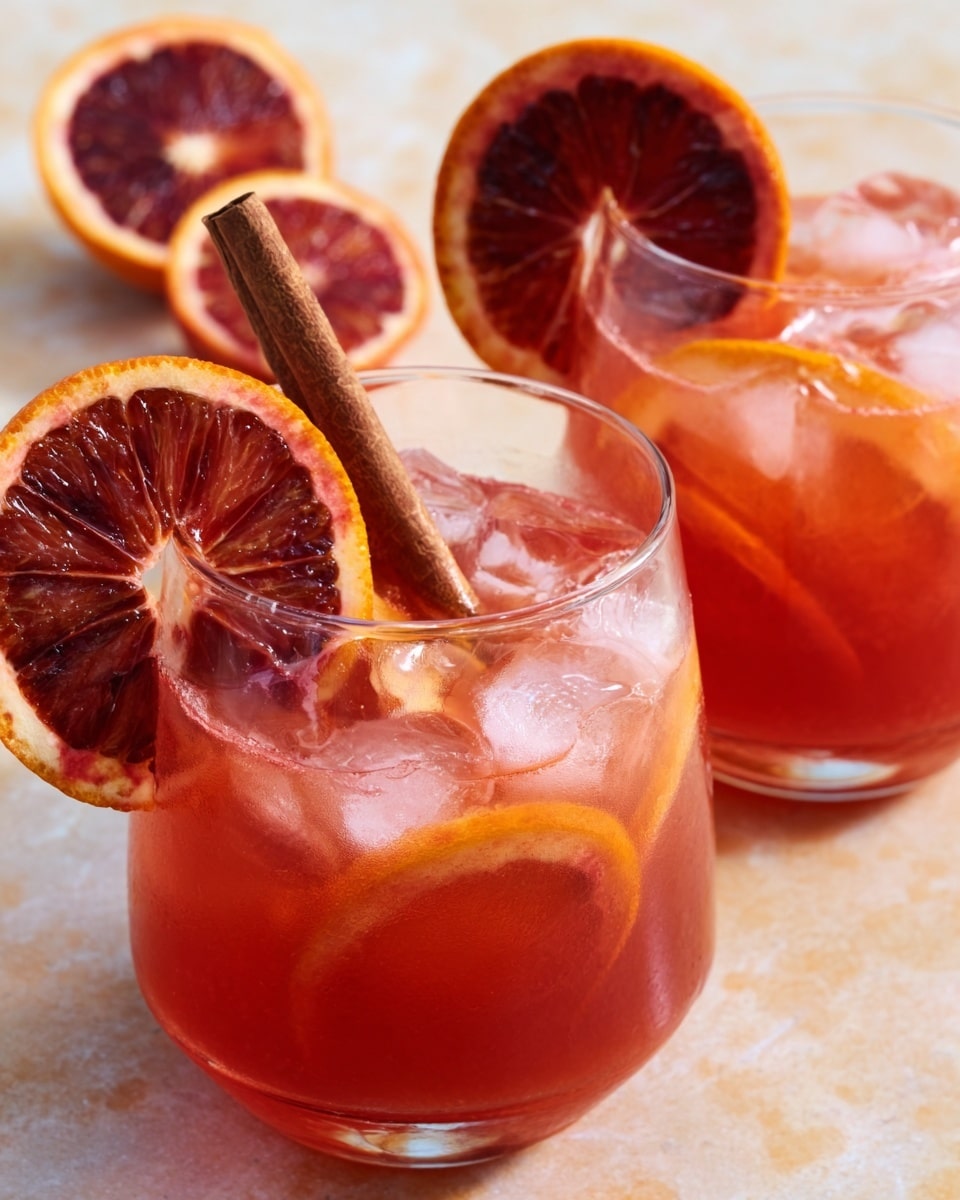 The image shows two clear glasses filled with a reddish-orange drink, with large ice cubes floating on top. Each glass has a slice of blood orange placed on the rim, showing its deep red and orange colors. One glass is garnished with a cinnamon stick standing inside the drink. The background is a white marbled texture surface. photo taken with an iphone --ar 4:5 --v 7