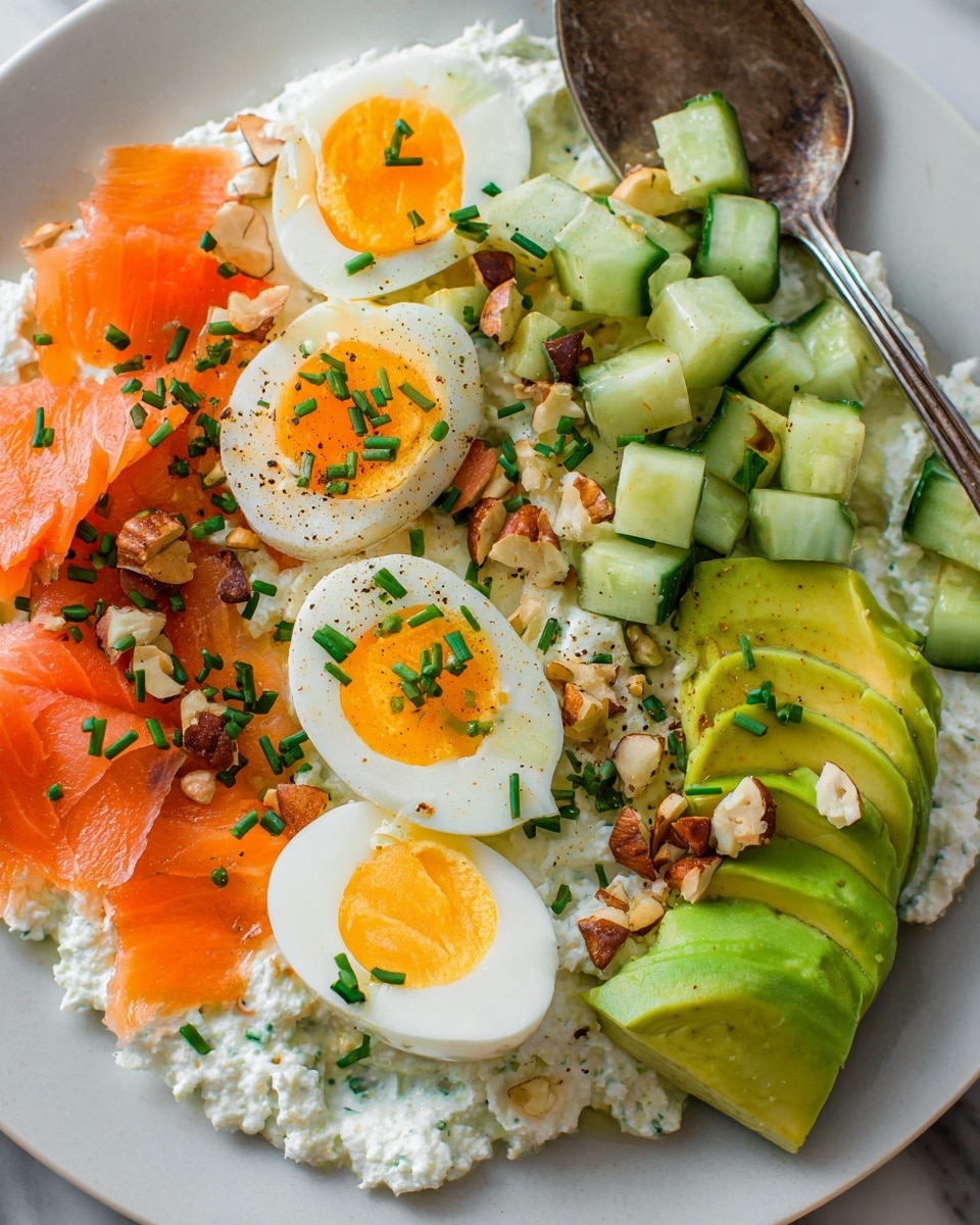 A white plate holds a colorful dish with multiple layers: at the bottom is a creamy white cottage cheese spread, topped with chopped chives and small pieces of nuts. On the left side, there are bright orange smoked salmon slices with specks of black pepper and nut pieces. In the center, two halves of a boiled egg with bright yellow yolks sit on top, sprinkled with chives and a light drizzle of oil. On the top right, diced cucumber pieces with green skins and chopped chives are visible. On the right side, thin slices of ripe green avocado are fanned out and also topped with chives and nut bits. A silver spoon rests near the cucumbers against a white marbled surface. Photo taken with an iphone --ar 4:5 --v 7