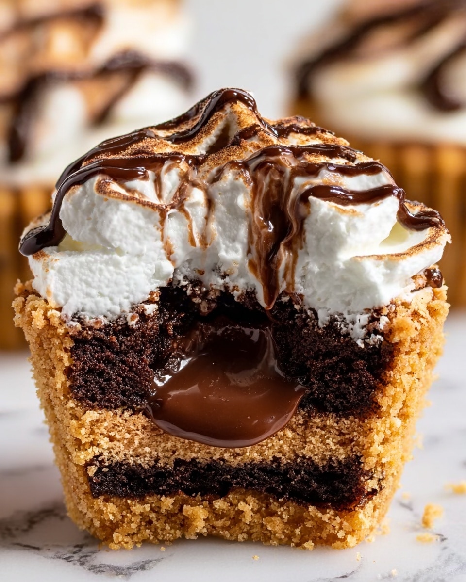 The image shows a cupcake cut in half with three visible layers, placed on a white marbled surface. The bottom layer is a golden brown crumbly crust with a rough texture. Above it is a thick, dark chocolate cake layer with a moist, slightly crumbly texture, which encloses a gooey, shiny dark chocolate center flowing out slightly. The top layer is a thick swirl of smooth white frosting with a creamy texture, drizzled with thin lines of milk chocolate sauce. There is a woman's hand holding the cupcake gently from the top left side. Photo taken with an iphone --ar 4:5 --v 7