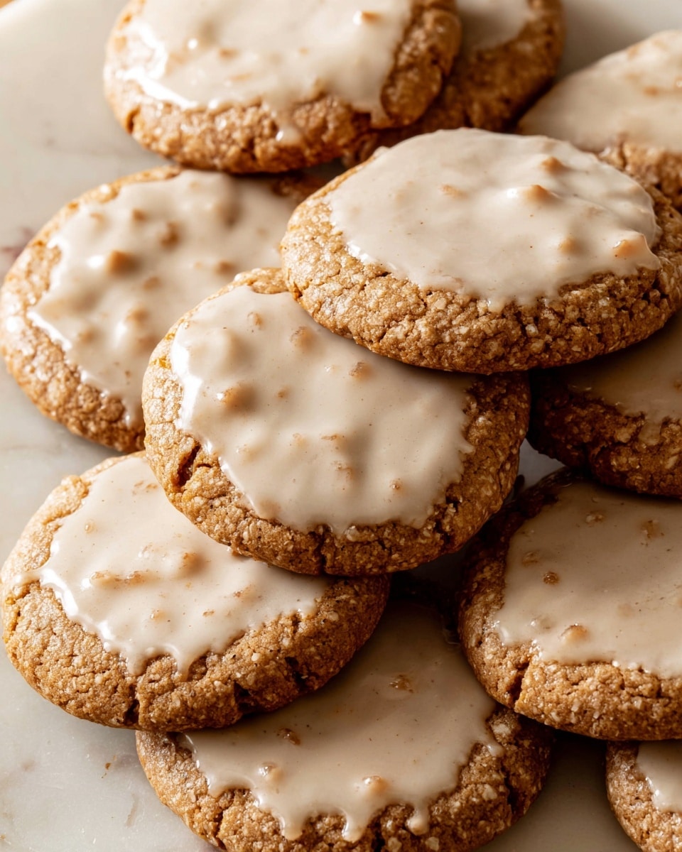 Several round cookies are shown stacked close together on a white marbled surface. Each cookie has two main layers: a golden brown baked base with visible bits and specks of darker spices, and a top layer of light beige, slightly glossy icing that covers most of the surface unevenly, showing cracks and small air bubbles. The texture of the base looks soft and slightly crumbly while the icing appears smooth and creamy, with some spots thinner than others. photo taken with an iphone --ar 4:5 --v 7