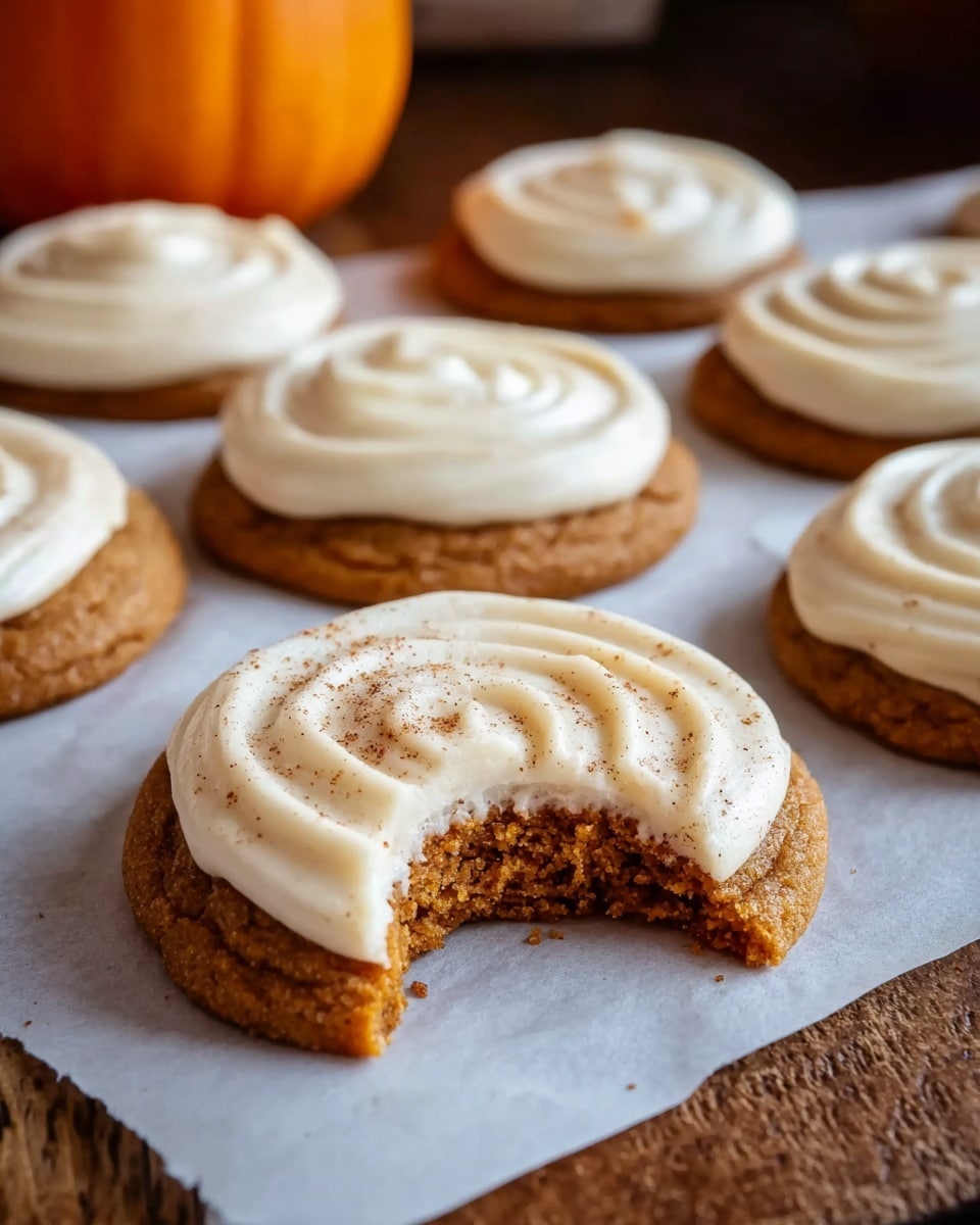 A close-up view of several round, soft orange-brown pumpkin cookies, each topped with a thick layer of swirled white frosting sprinkled lightly with cinnamon. One cookie in the front has a bite taken out of it, showing a moist, dense texture inside. The cookies are placed on white parchment paper over a white marbled surface, with small pumpkins blurred softly in the background, adding a warm, cozy feel. photo taken with an iphone --ar 4:5 --v 7