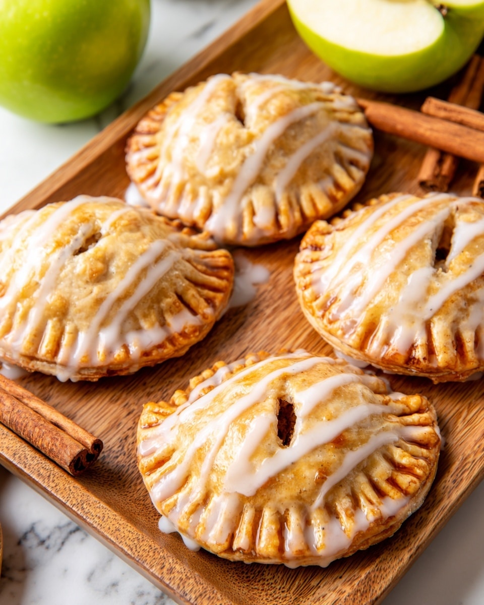 The image shows a wooden tray holding five small round and square hand pies, each with golden brown crusts that are crimped around the edges. The top crust is shiny and has small slits in the center, with a smooth white glaze drizzled in thin lines across the surface. In the background, there is a green apple and a cinnamon stick on a white marbled surface. The photo taken with an iphone --ar 4:5 --v 7