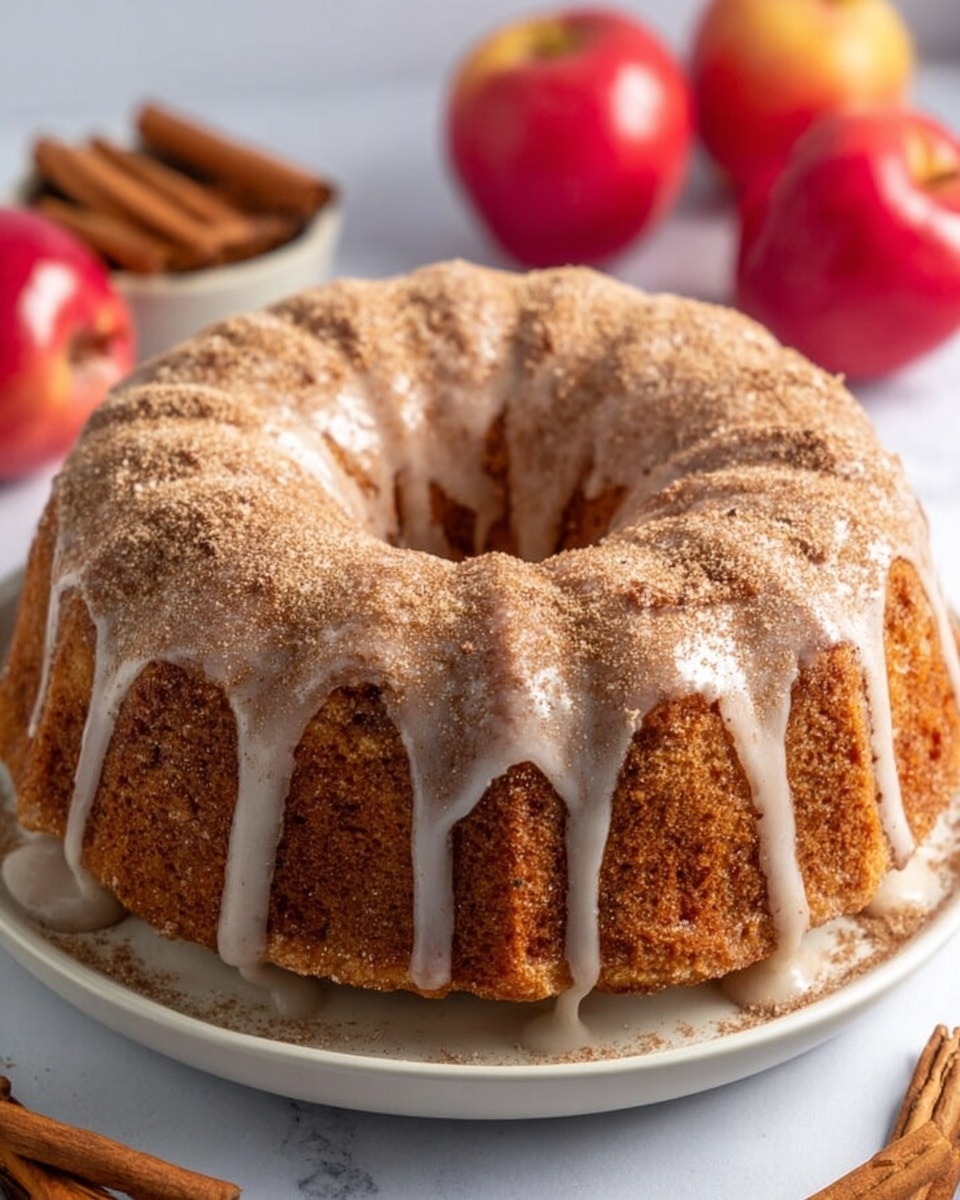 A golden-brown bundt cake sits on a white plate placed on a white marbled surface. The cake has a textured top layer coated with a dusting of sugar and cinnamon, giving it a slightly rough look. Light icing drips down from the top center in thin streams, contrasting with the deep brown color of the cake below. Two cinnamon sticks and two red apples are blurred in the background, adding warm tones to the scene. photo taken with an iphone --ar 4:5 --v 7