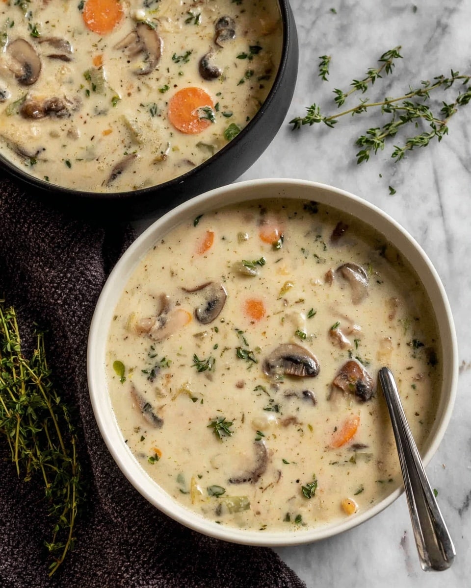 Two white bowls filled with creamy soup containing visible chunks of carrot slices, mushroom pieces, and small green herbs spread evenly throughout the thick white broth. The soup has a smooth, rich texture with bits of ingredients giving it a slightly chunky look. One bowl has a silver spoon resting inside it on the right side. The bowls are placed on a white marbled surface with a dark textured cloth and sprigs of fresh herbs beside the nearest bowl. Photo taken with an iphone --ar 4:5 --v 7
