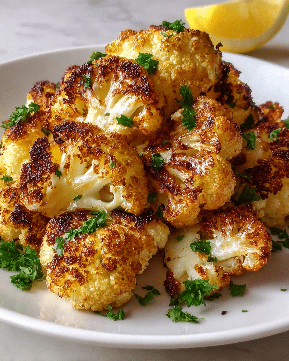 The image shows a white plate filled with several pieces of roasted cauliflower. Each cauliflower piece has a golden-brown crispy surface with some darker charred spots, giving it a crunchy texture. The cauliflower’s natural off-white color is visible on the underside and inner parts. Small bits of fresh green parsley are scattered on top and around the cauliflower, adding a touch of color and freshness to the dish. The plate sits on a white marbled surface, and there is a wedge of lemon visible in the corner, suggesting a hint of citrus flavor. photo taken with an iphone --ar 4:5 --v 7