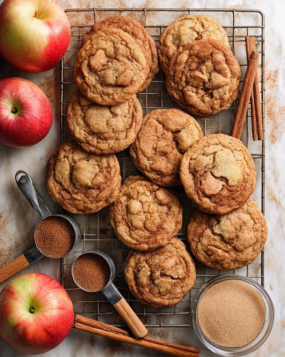 A cooling rack holds a pile of golden-brown cookies with a slightly cracked top, showing a soft, chewy texture. Around the cookies are red and yellow apples with smooth skins, and several cinnamon sticks add a warm brown color. Two wooden measuring spoons contain light brown sugar and darker cinnamon powder, positioned near the cookies. Everything rests on a white marbled surface that contrasts softly with the warm tones of the cookies, apples, and spices. photo taken with an iphone --ar 4:5 --v 7