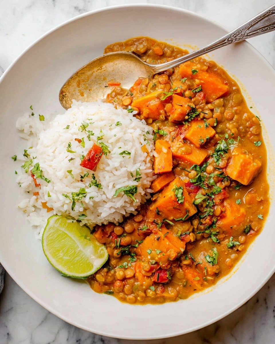 A white round plate holds a dish with two main layers: on the left side, there is a mound of fluffy white rice sprinkled with small green herbs and a small piece of red vegetable, with a lime wedge placed at the front edge; on the right side, a thick, orange-brown lentil stew filled with chunks of orange sweet potatoes and small bits of red and green vegetables spreads to the edge of the plate, with some herbs on top. A spoon rests inside the dish on the left side. The plate sits on a white marbled surface. Photo taken with an iphone --ar 4:5 --v 7