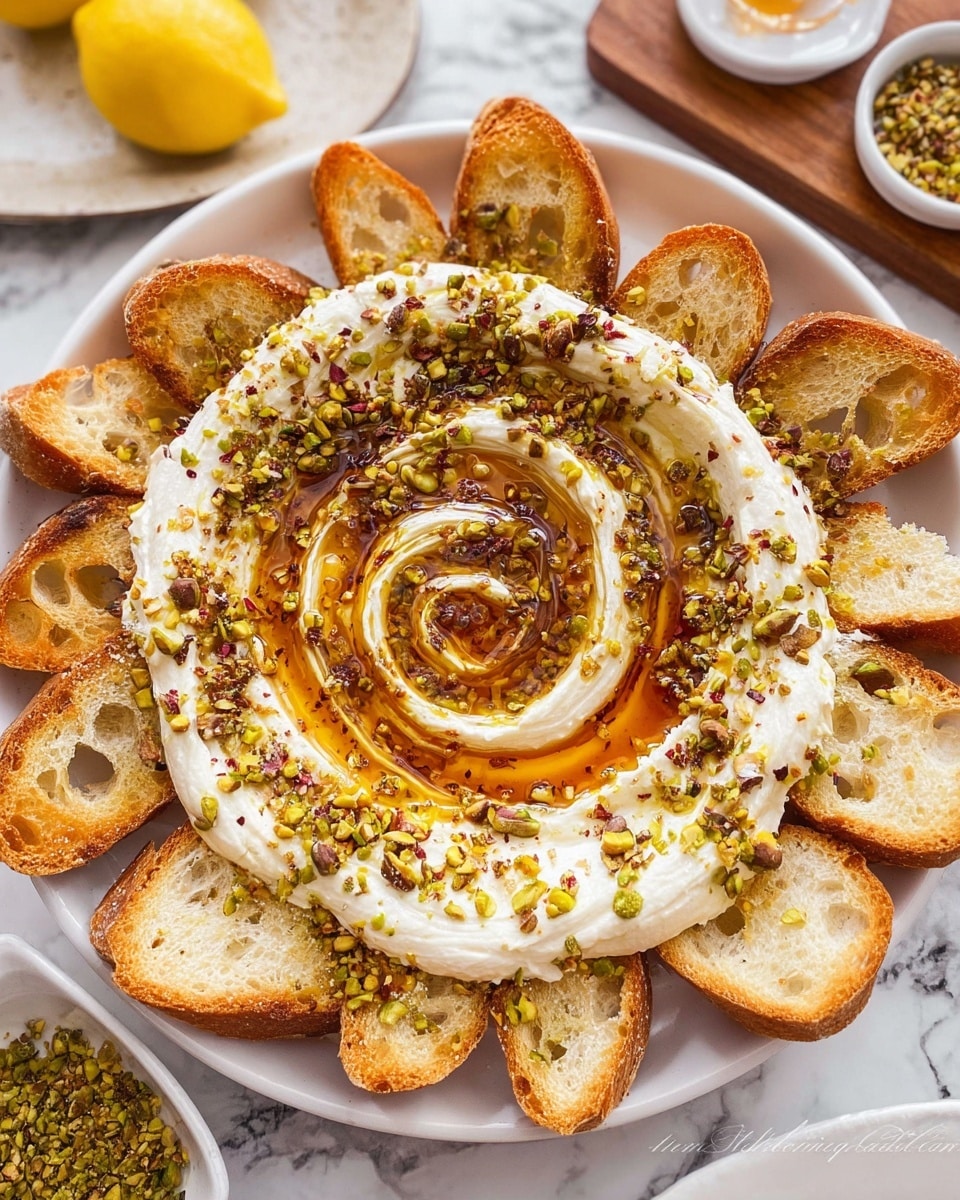 A round white plate holds a swirl of creamy white cheese in the center, topped with a glossy amber honey spiral and sprinkled with crushed green pistachios and red chili flakes, adding green and red specks on top. Around the cheese, golden brown toasted bread slices are arranged in a circle, each slice showing a crispy texture with some air holes. The plate is placed on a white marbled surface, next to small bowls containing crushed pistachios and seasoning, and a halved lemon on a white plate. photo taken with an iphone --ar 4:5 --v 7