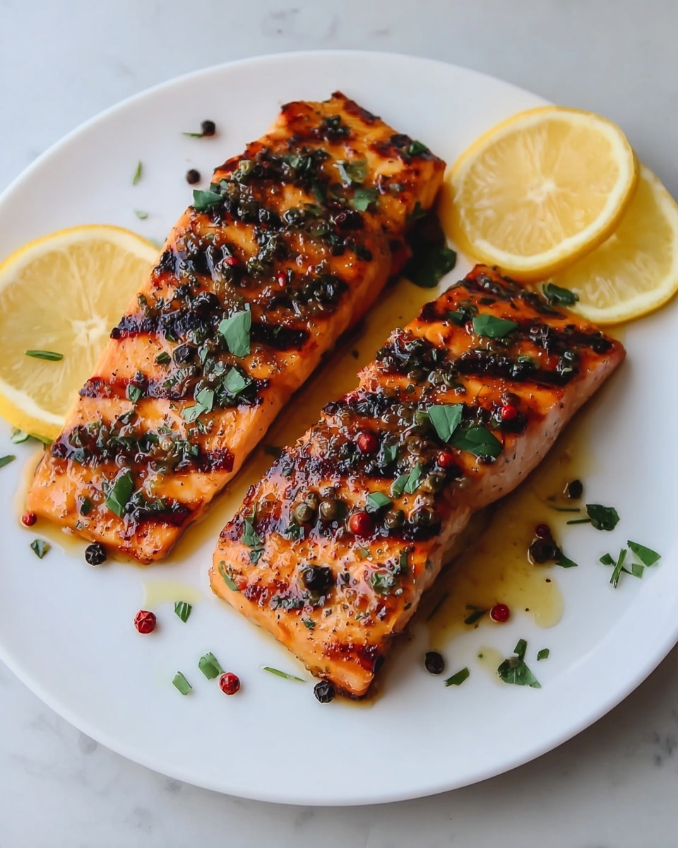 Two pieces of grilled salmon with a golden-brown crust and charred grill marks sit on a white plate. The salmon is topped with small green herb leaves and sprinkled with cracked black and red peppercorns. Warm, glossy oil or butter coats the fish, adding shine. Two thin lemon slices with bright yellow flesh rest beside the salmon, and a few whole black peppercorns and green herb bits are scattered on the plate. The plate is placed on a white marbled surface. photo taken with an iphone --ar 4:5 --v 7