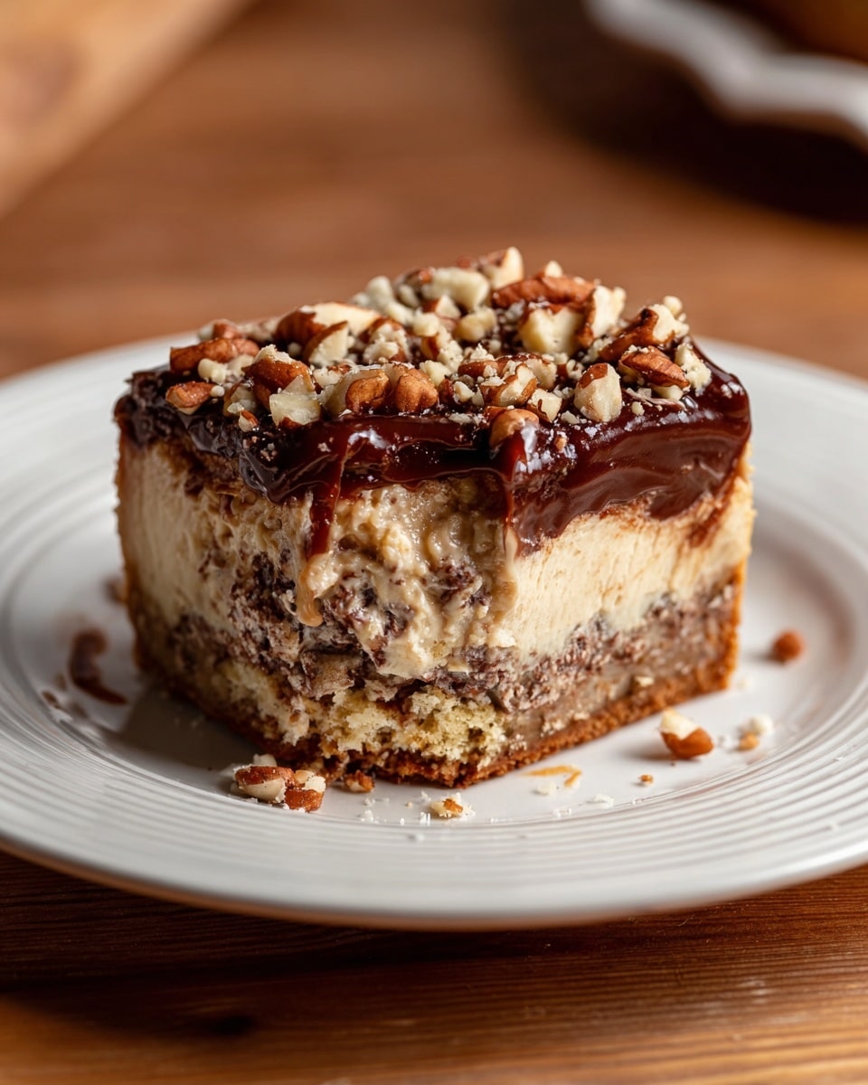 A slice of three-layered dessert on a white plate with ridged edges, sitting on a wooden surface. The bottom layer is a dense, light brown crust with nut pieces embedded. The middle layer is a beige creamy filling with mixed darker chunks inside, and the top layer is a glossy dark brown sauce generously spread and topped with chopped nuts scattered unevenly. There are small crumbs and nut pieces on the plate and surrounding surface. photo taken with an iphone --ar 4:5 --v 7