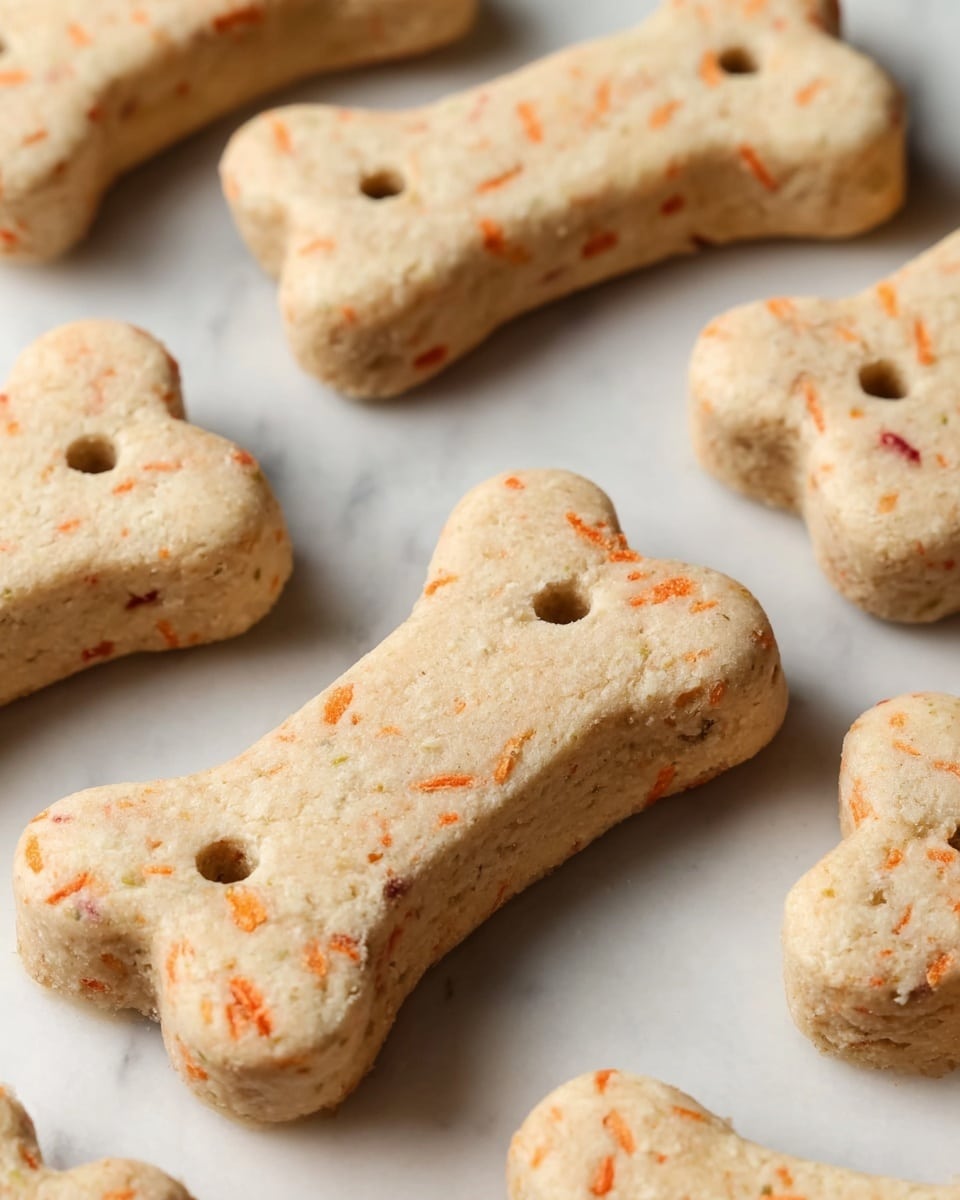 The image shows several bone-shaped cookies arranged closely on a white marbled surface. Each cookie is light beige in color with small orange and red bits mixed throughout, giving them a speckled look. The cookies have a rough, crumbly texture and a small hole near the center of each bone shape. The focus is sharp on the cookies in the front, while the ones in the background are softly blurred, creating depth. photo taken with an iphone --ar 4:5 --v 7
