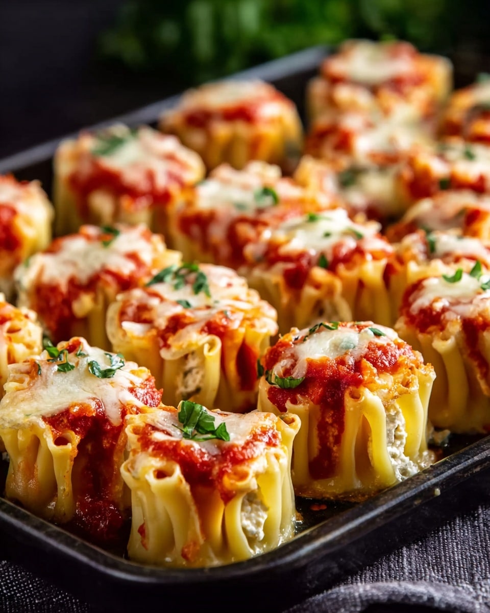 Rows of small pasta rolls filled with a creamy white cheese filling, each rolled into a tight cylinder showing wavy edges at the open ends, are placed closely together on a black baking tray. The tops of the pasta rolls are covered with a light layer of melted white cheese and drizzled with bright red tomato sauce. Small bits of green herbs are sprinkled over the rolls, adding a fresh contrast to the warm colors of the dish. The tray is set on a soft dark cloth with a blurred green background. photo taken with an iphone --ar 4:5 --v 7