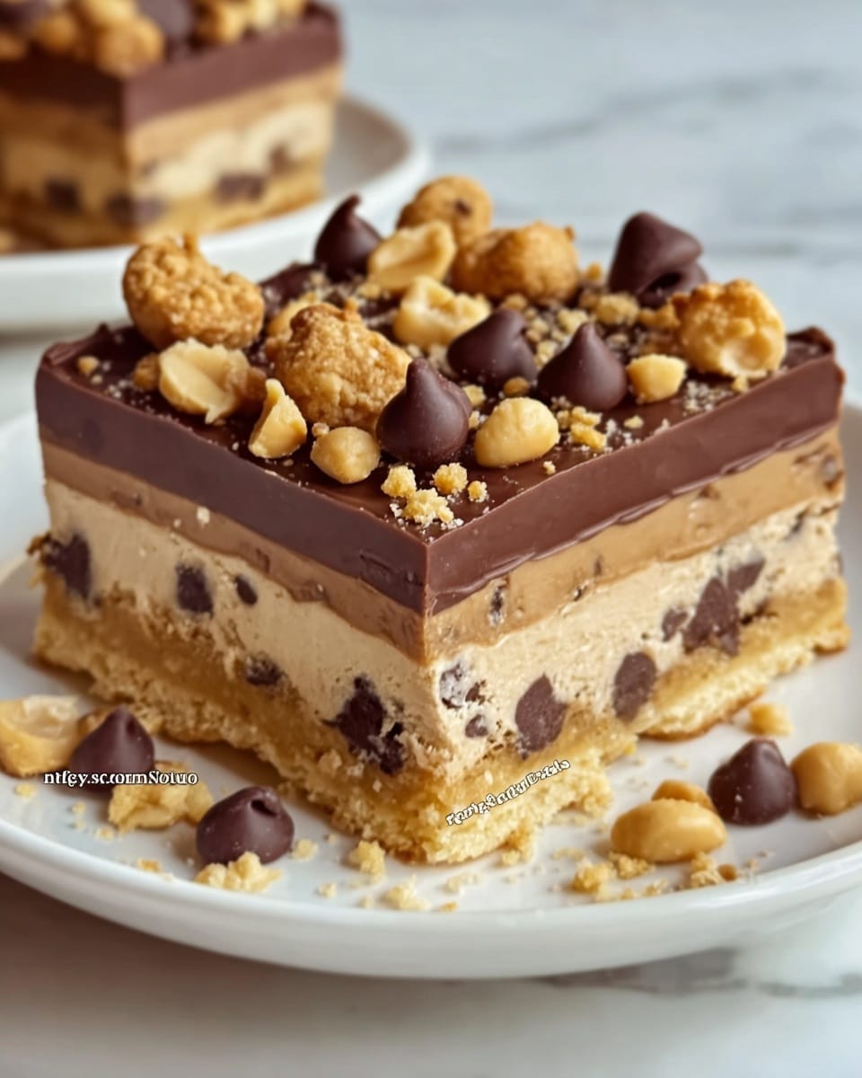 The image shows a two-layer dessert bar on a white plate with crumbly bits around it. The bottom layer is a light tan cookie crust with visible chocolate chips, topped by a thick smooth dark brown chocolate ganache layer. Above that is a thick beige creamy layer with chocolate chips mixed in. The topmost layer is decorated with scattered large chocolate chips, peanut clusters, and chunks of cookie pieces. The dessert square has a dense, soft texture and is placed on a white marbled surface. photo taken with an iphone --ar 4:5 --v 7
