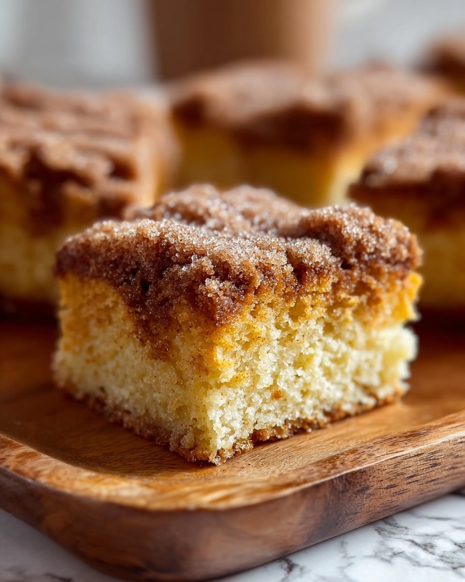 A close-up view of a square piece of cake with two visible layers, placed on a wooden board. The bottom layer is thick, moist, and golden-yellow with a slightly crumbly texture. The top layer is a thick, uneven, dark brown crumb topping that looks crunchy and has grains of sugar sprinkled over it, giving a sparkly effect. The background shows similar pieces blurred out, and the surface beneath the wooden board is a white marbled texture. photo taken with an iphone --ar 4:5 --v 7
