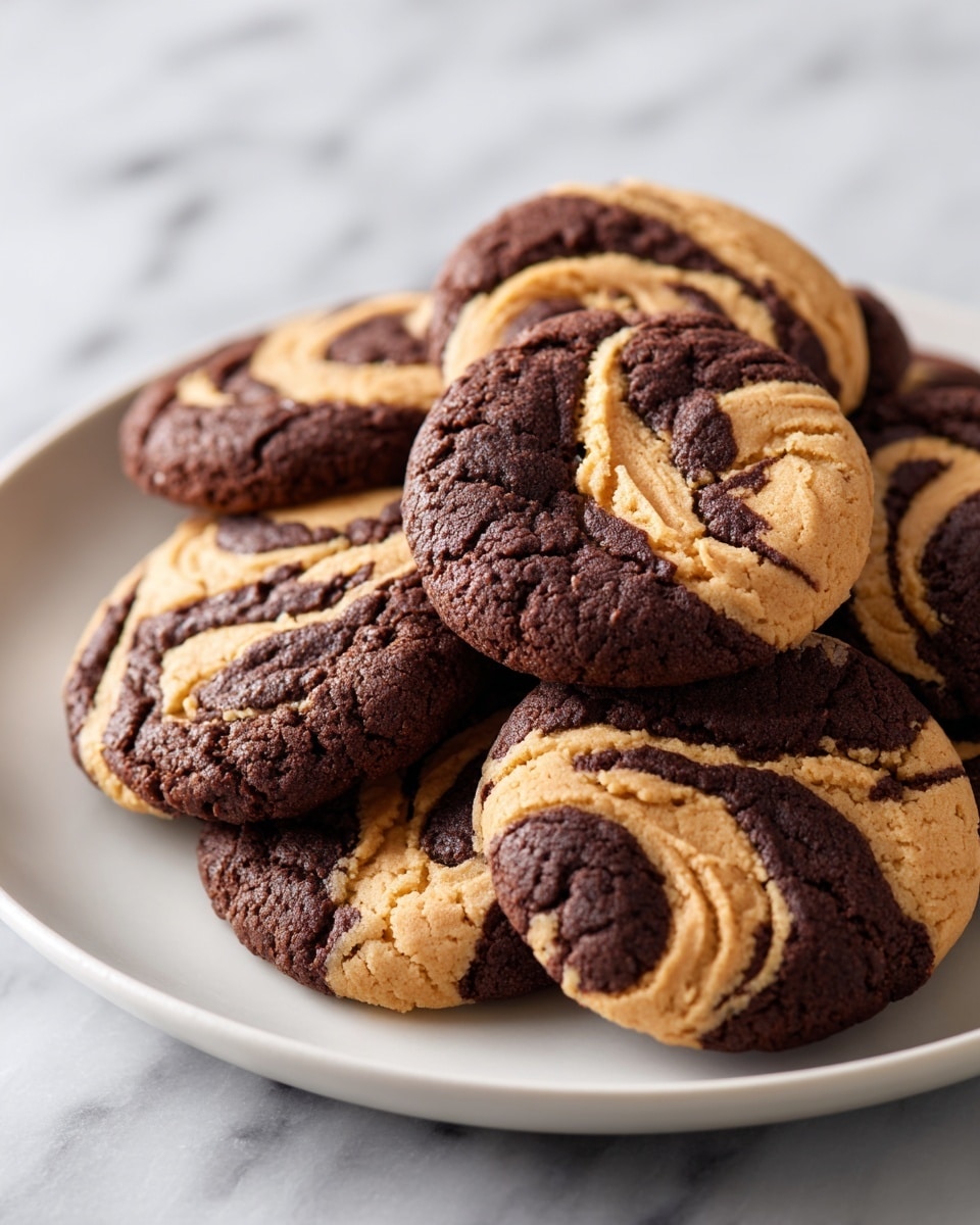 The image shows a close-up of several round, swirled cookies neatly stacked on a white plate. Each cookie has two main layers mixed into a marbled pattern—one dark brown chocolate layer and one light tan peanut butter layer, both with a soft, slightly cracked texture. The swirling of these two colors creates a spiral effect on the top surface of each cookie. The plate sits on a white marbled textured surface, providing a clean and bright background. The focus is sharp on the front cookie, with the rest softly blurred behind it, giving a cozy and fresh-baked impression. photo taken with an iphone --ar 4:5 --v 7