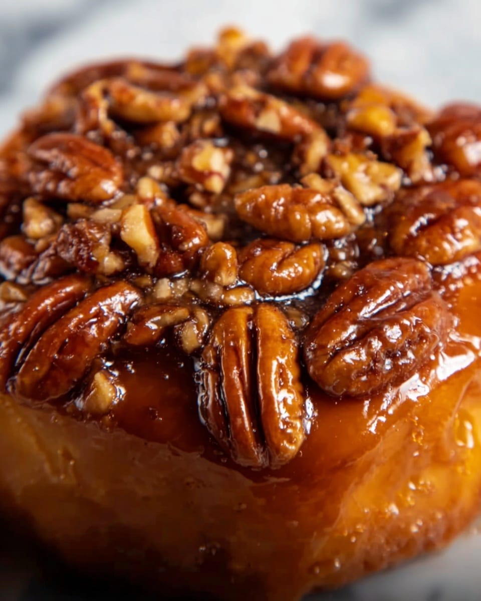 The image shows a close-up of a sticky bun with a thick layer of shiny caramel glaze on top, covering the entire surface. On top of the caramel, there is a generous layer of toasted pecan halves, arranged closely together to cover the bun. The bun itself is golden brown and soft, with a slightly textured surface visible beneath the glaze and pecans. The background has a white marbled texture. Photo taken with an iphone --ar 4:5 --v 7