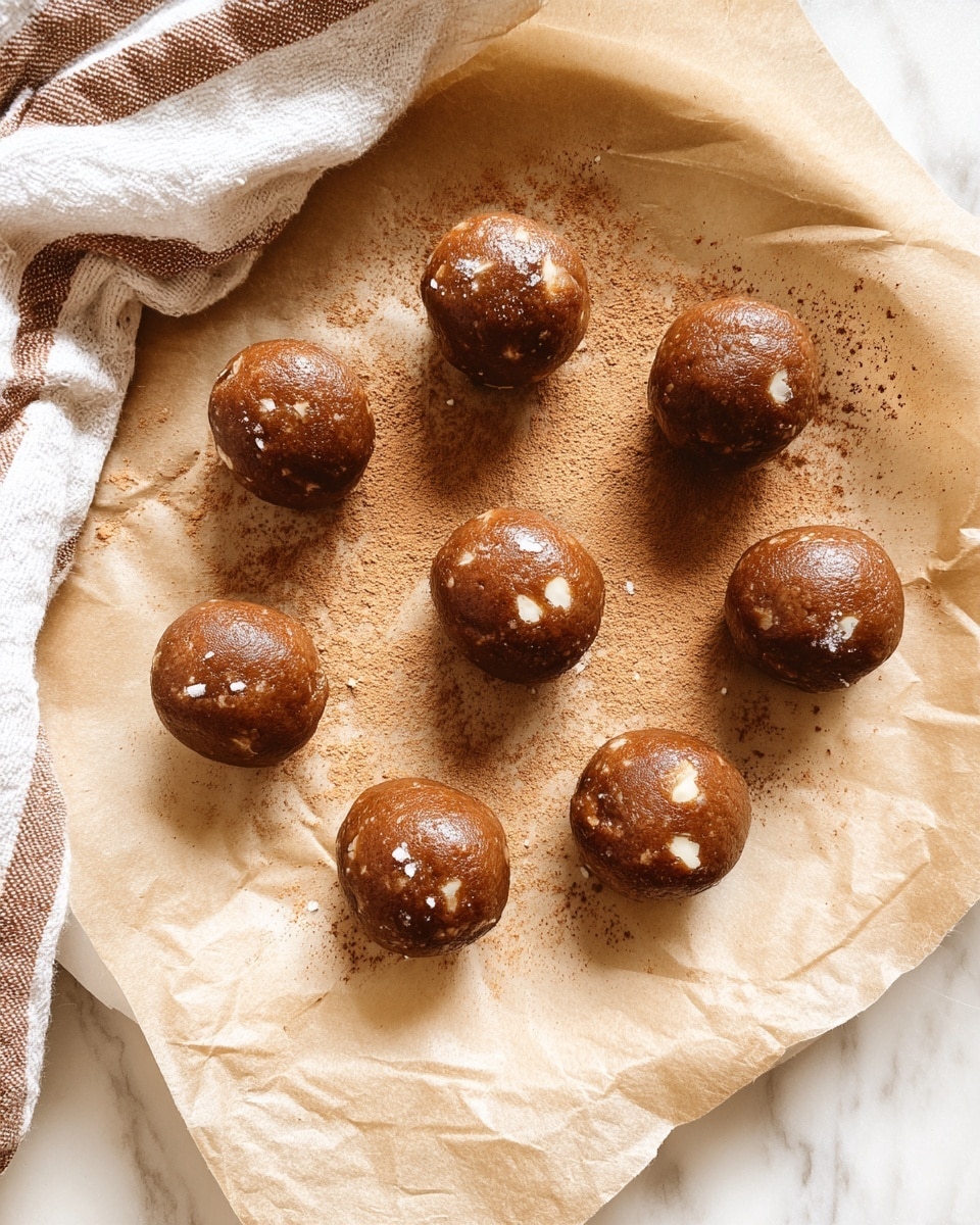 Nine round dough balls are arranged loosely on crinkled brown parchment paper over a white marbled surface. Each ball is a rich, dark brown color with visible small white chunks mixed throughout, some sprinkled lightly with salt flakes. There are fine brown powder specks scattered around the dough balls on the parchment. A striped cloth with brown and white lines is partially visible on the left side. The photo is bright and softly lit, giving a warm and cozy feel. photo taken with an iphone --ar 4:5 --v 7