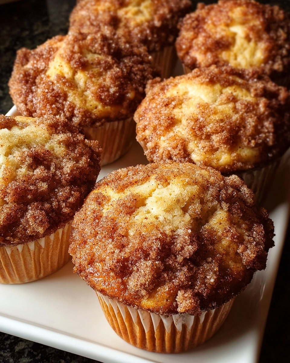 The image shows a close-up of four golden brown muffins with a textured crumb topping that looks crunchy and slightly sparkling with sugar. Each muffin fills a ridged baking cup and has a slightly domed top covered in a crumbly mixture of light brown and darker specks that create a rough, uneven surface. The muffins rest on a white square plate, with a soft light highlighting the crispy texture on the tops. The background and surface are changed to a white marbled texture, emphasizing the warm hues of the muffins. photo taken with an iphone --ar 4:5 --v 7