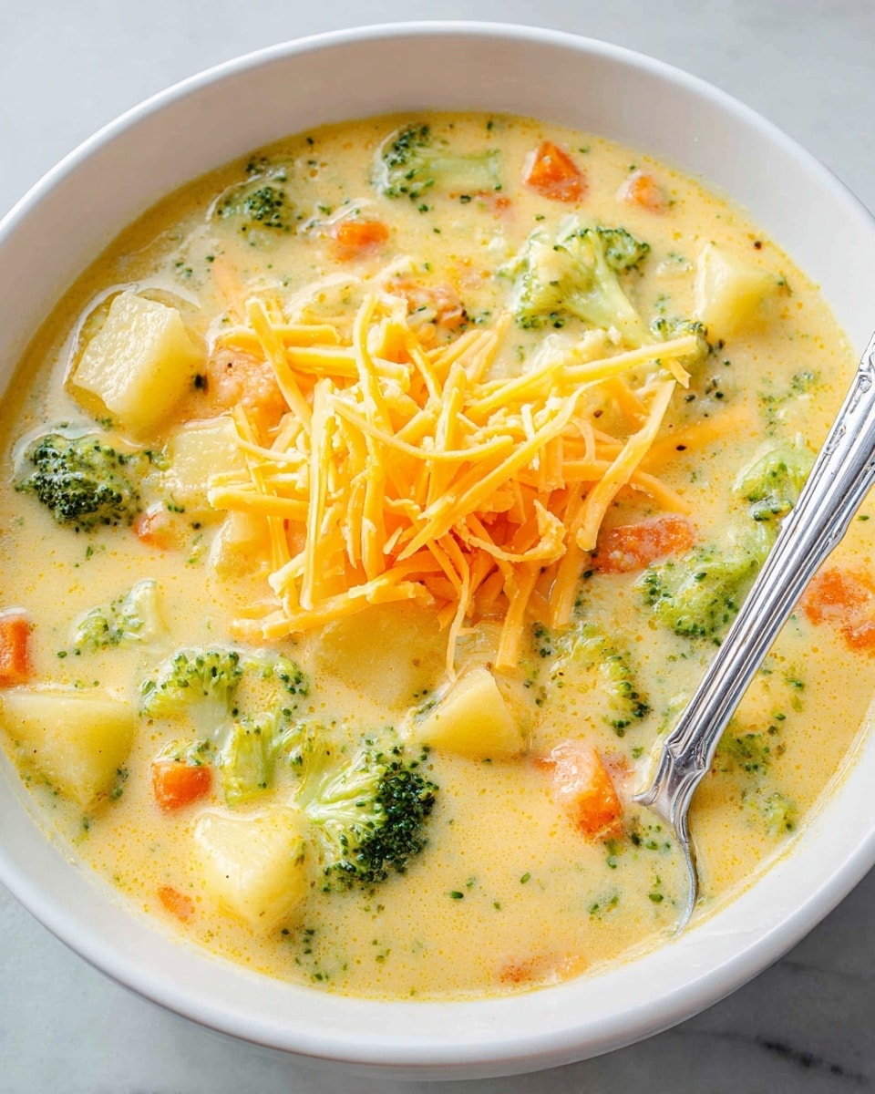 A white bowl filled with creamy soup showing three main layers: a base layer of pale yellow thick broth, a middle layer with chunks of bright orange carrots, green broccoli florets, and small white potato pieces mixed throughout, and a top layer of shredded sharp yellow cheddar cheese piled in the center. A shiny silver spoon rests inside the bowl on the right edge, half dipped into the soup. The bowl is placed on a white marbled surface. photo taken with an iphone --ar 4:5 --v 7