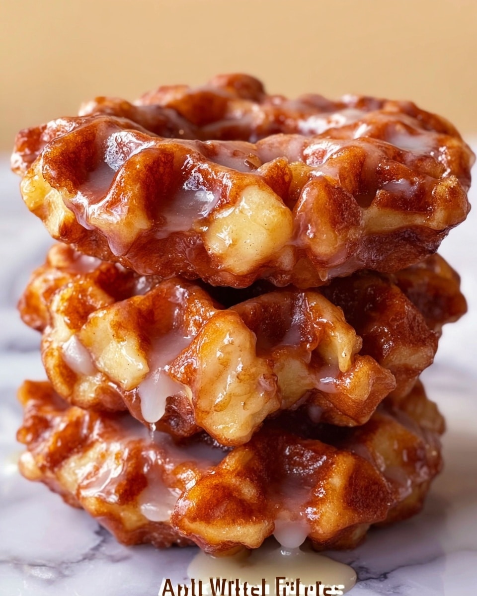 A close-up of three stacked apple fritter waffle donuts placed on a white marbled surface, each with a rough, golden brown texture and visible chunks of cooked apples embedded in the dough. The donuts are thick and layered, with a glossy, light brown glaze poured generously over them, dripping slowly down the sides, adding a shiny and sticky look. The top donut shows deeper ridges and a slightly darker, crispier edge, while the apples on the middle and bottom donuts appear soft and caramelized, blending with the glaze. photo taken with an iphone --ar 4:5 --v 7