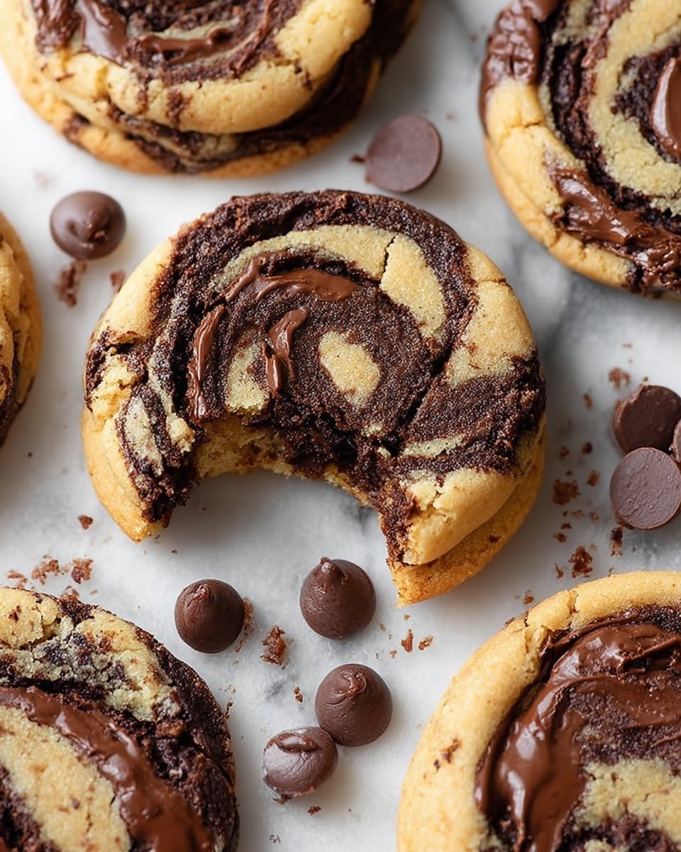 The image shows three cookies with a base layer of golden brown dough that looks soft and slightly crumbly. Each cookie has dark brown swirls of glossy chocolate on top, creating a marbled pattern with smooth, thick texture. One cookie at the front has a bite taken out, revealing a rich, dark chocolate center that looks moist and dense. Around the cookies, there are several round chocolate chips scattered on a white marbled texture. The warm tones of the cookies contrast with the creamy swirls of chocolate to create an inviting look. photo taken with an iphone --ar 4:5 --v 7