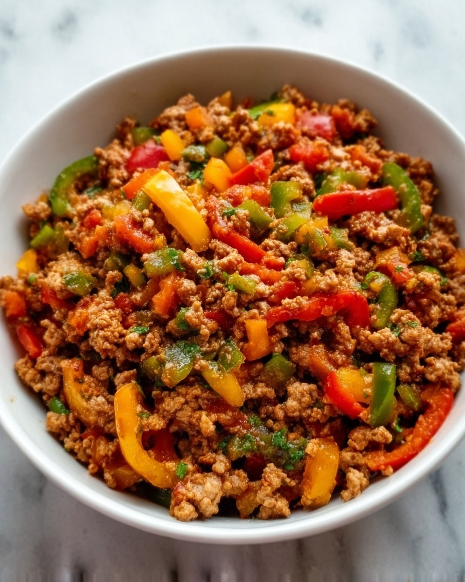 A white bowl filled with a colorful mix of cooked ground beef and bell peppers, showing three main colors: red, yellow, and green, all cut into small strips. The ground beef is brown and crumbly, forming the bottom layer that fills most of the bowl. On top, the bell peppers add a bright, fresh texture with their shiny and soft appearance, evenly spread across the dish. The bowl rests on a white marbled surface, with natural light highlighting the vibrant colors and the moist texture of the ingredients. photo taken with an iphone --ar 4:5 --v 7