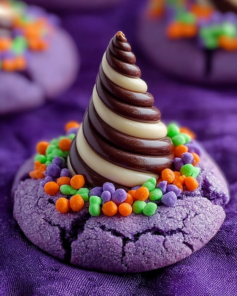 The image shows a close-up of a purple cookie with a cracked texture on the outside surface. On top of the cookie are small, round sprinkles in green, orange, and purple colors, forming a colorful ring around the center. In the middle of the cookie, there is a cone-shaped piece with spiraled stripes of dark brown and white, resembling a witch’s hat. The cookie is placed on a white marbled surface. Photo taken with an iphone --ar 4:5 --v 7