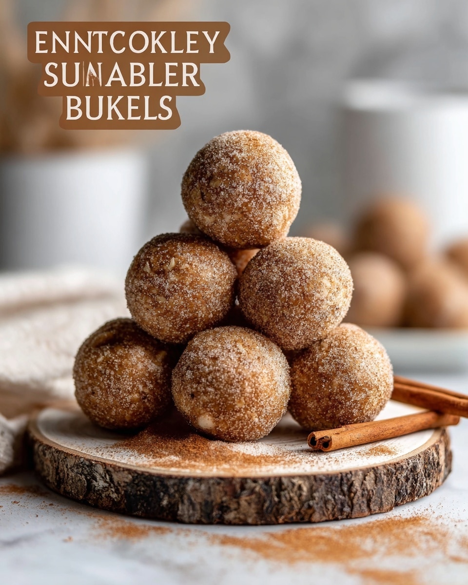 A close-up view of a small pile of round snickerdoodle energy balls stacked in a pyramid shape on a white sheet placed on a wooden serving board with bark edges. Each ball is coated with a textured cinnamon-sugar mix giving them a light brown and speckled outer layer, slightly rough but smooth in shape. The background is softly blurred, showing a white marbled surface and hints of cinnamon sticks and jars, adding to the cozy and warm feel of the scene. photo taken with an iphone --ar 4:5 --v 7