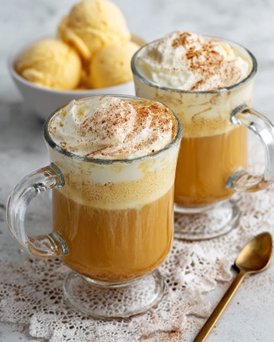 Two clear glass mugs filled with a warm, light brown drink topped with a thick layer of white whipped cream sprinkled with cinnamon. Each mug shows the creamy foam sitting just above the golden drink base, creating two clear layers. In the background, there is a small white bowl holding two creamy yellow scoops of ice cream, and a gold spoon rests nearby on a white marbled surface with a lace cloth underneath. Photo taken with an iphone --ar 4:5 --v 7