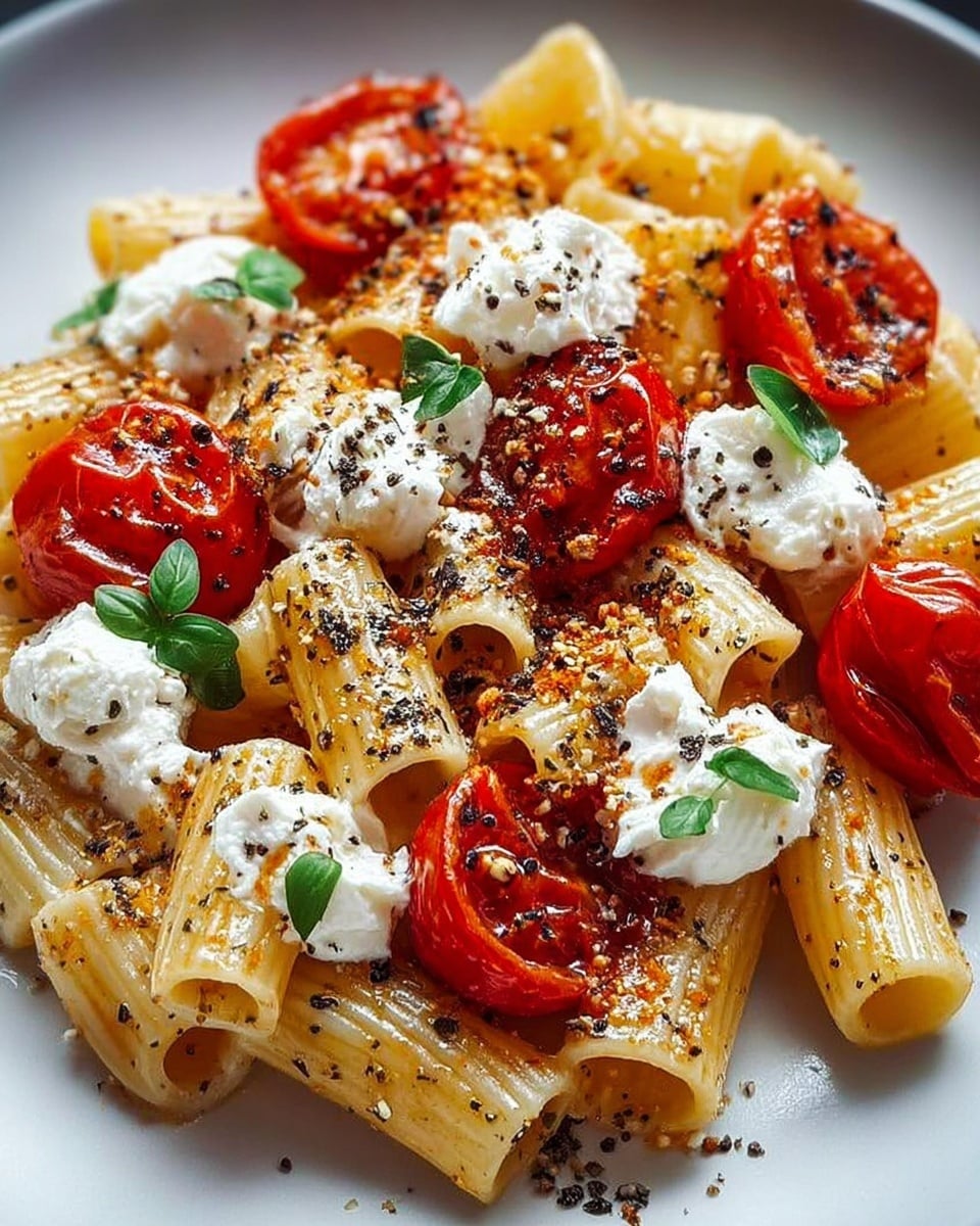 A white plate holds a single layer of short, wide pasta tubes that are creamy beige and appear slightly glossy. On top, there is a layer of blistered cherry tomatoes, some whole and some cut in halves showing their juicy red interior with tiny seeds. Dotted around the tomatoes are small white dollops of soft cheese with a slightly crumbly texture. The dish is sprinkled with finely chopped green herbs and cracked black pepper, creating a contrast against the pale pasta and white cheese. The background is a white marbled surface. Photo taken with an iphone --ar 4:5 --v 7