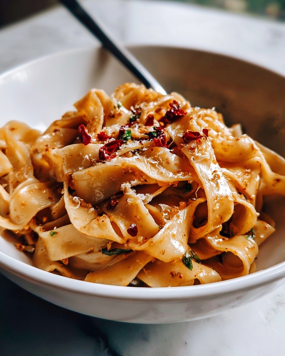 A close-up view of a white bowl filled with wide, flat pasta noodles layered thickly and tossed in a glossy sauce that looks light brown. The noodles have visible seasoning with small bits of red chili flakes and tiny green herbs scattered over the top. The textures show the noodles as tender and slightly curled with a slight oily sheen, topped with a light dusting of grated cheese or seasoning powder. A silver fork is placed inside the bowl on the right side. The scene is set on a white marbled surface with a soft, blurred green background visible behind the bowl. photo taken with an iphone --ar 4:5 --v 7