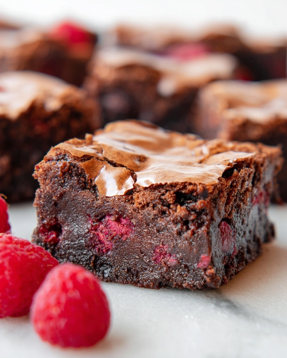 A close-up view of a rich, thick chocolate brownie cut into square pieces, showing three main layers: a dense, dark chocolate base layer with moist texture, a middle layer with scattered red raspberry bits adding a touch of color and texture, and a smooth, light brown crusty top layer with slight cracks. The brownies are placed on white paper on a white marbled surface, with a few crumbs scattered around and a fresh red raspberry near the front right corner. The lighting highlights the shiny, slightly glossy top crust and the soft, fudgy inside photo taken with an iphone --ar 4:5 --v 7