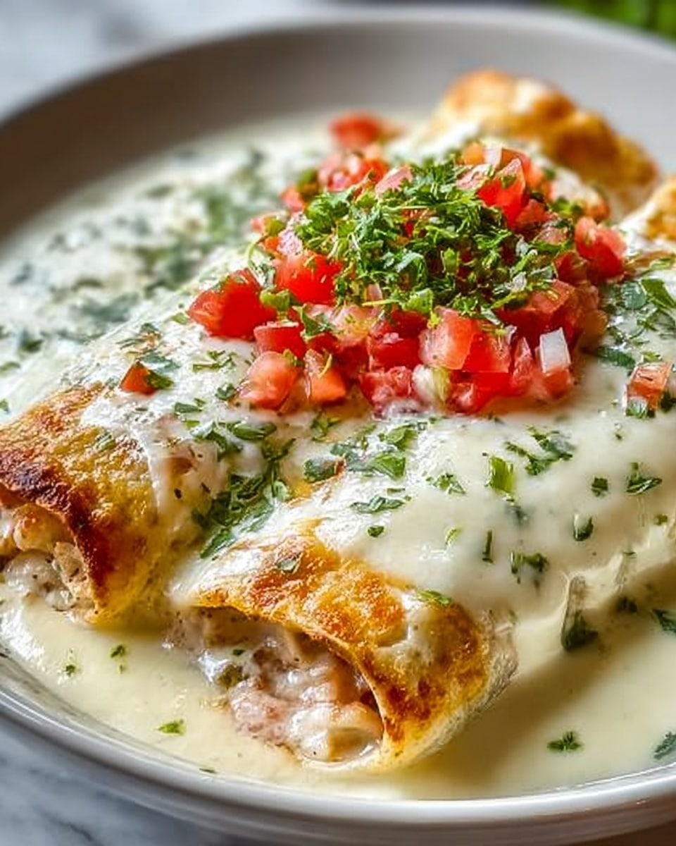 A close-up of two folded crepes placed side by side on a white plate, generously covered with a creamy white sauce that looks smooth and slightly thick. On top, there is a colorful layer of diced red tomatoes, chopped green onions, and fresh green cilantro, adding a fresh texture and bright pop of color. The crepes have a light golden brown color at their edges, softly peeking out through the sauce. The plate sits on a white marbled surface, adding a clean, elegant background. photo taken with an iphone --ar 4:5 --v 7