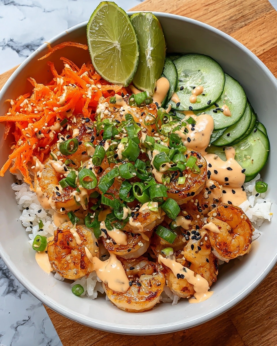 A white bowl holds a dish with four main layers. The bottom layer is plain white rice with a soft, slightly shiny texture. On top of the rice, there are light brown grilled shrimp spread around, showing a slight char with a firm texture. One side shows thinly sliced, fresh cucumber with a smooth green outer skin and light green inside. Another side has bright orange shredded carrots, adding a rough texture. There are two lime wedges placed next to the carrots for a fresh look. Thinly chopped green onions scatter over the shrimp. A creamy orange sauce is drizzled over the shrimp and vegetables, and edible black and white sesame seeds are sprinkled all over. The bowl sits on a white marbled textured surface. Photo taken with an iphone --ar 4:5 --v 7
