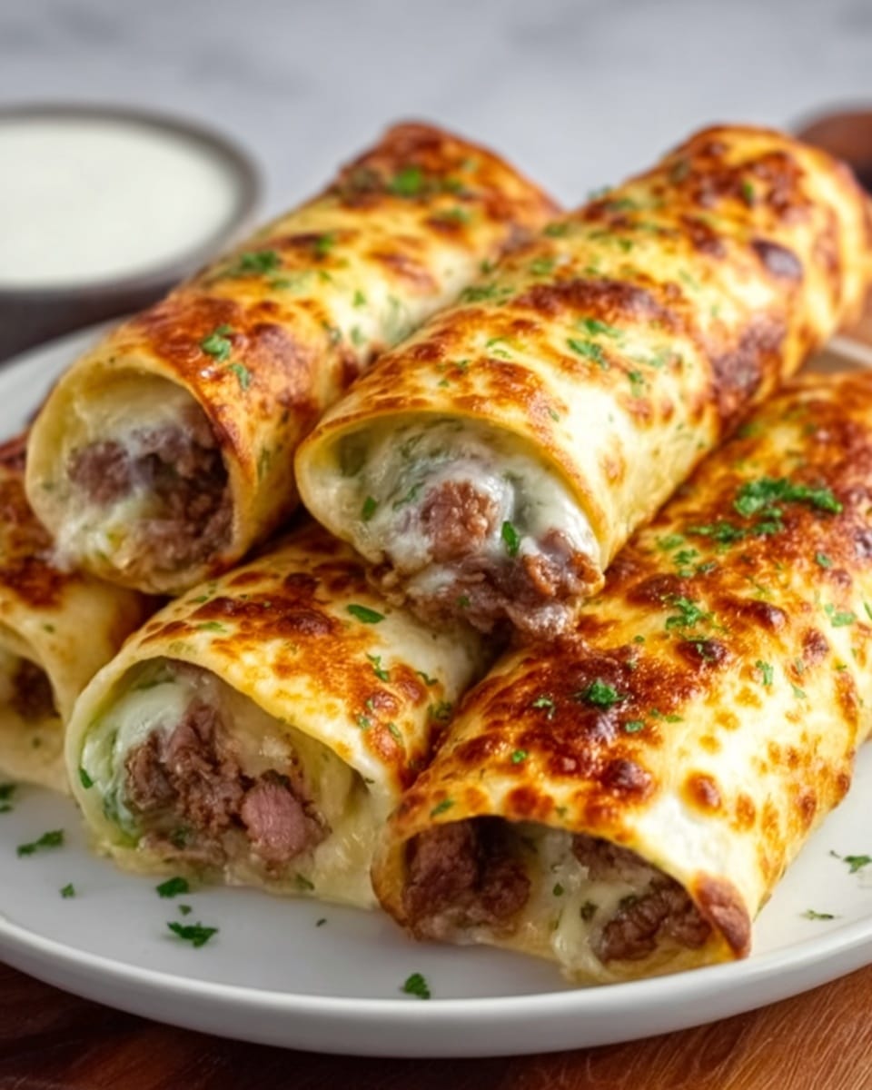 The image shows three rolled burritos placed side by side on a white plate. The burrito wraps are golden brown with a slightly crispy texture, speckled with browned spots and green herbs on top. Each burrito is cut open at one end, revealing layers inside, including white melted cheese, pieces of browned ground beef, and bits of green lettuce or herbs. The background is a white marbled surface, and a small bowl of white sauce is seen blurred in the background. Photo taken with an iphone --ar 4:5 --v 7