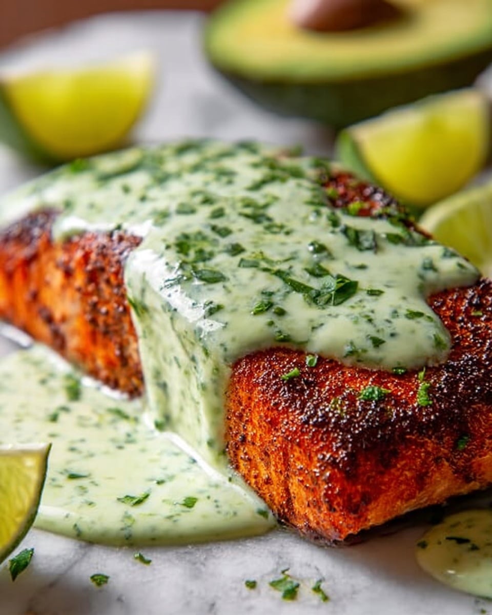 A cooked salmon fillet with a crispy dark orange-brown crust sits on a white marbled surface, topped with a thick layer of pale green creamy sauce speckled with herbs and drizzled unevenly across the top. Small chopped green herbs are sprinkled on the sauce and around the salmon. To the side, there are bright yellow lime wedges and blurred green avocado halves in the background. The overall look is fresh and vibrant, with the rich colors of the salmon and sauce contrasting against the white marbled texture of the surface. photo taken with an iphone --ar 4:5 --v 7