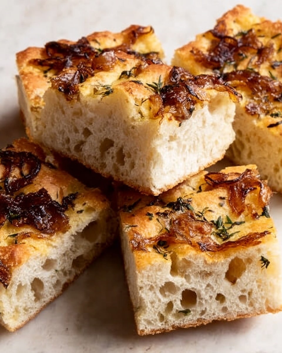 The image shows several pieces of focaccia bread on a white marbled surface. Each piece has a golden-brown top layer with a rough texture, sprinkled with small bits of caramelized onions and green herbs. The bread’s inside is light cream colored with an airy and soft texture, visible in a piece held by a woman’s hand. The pieces vary in size and shape, and crumbs are scattered on the surface around them. Photo taken with an iphone --ar 4:5 --v 7