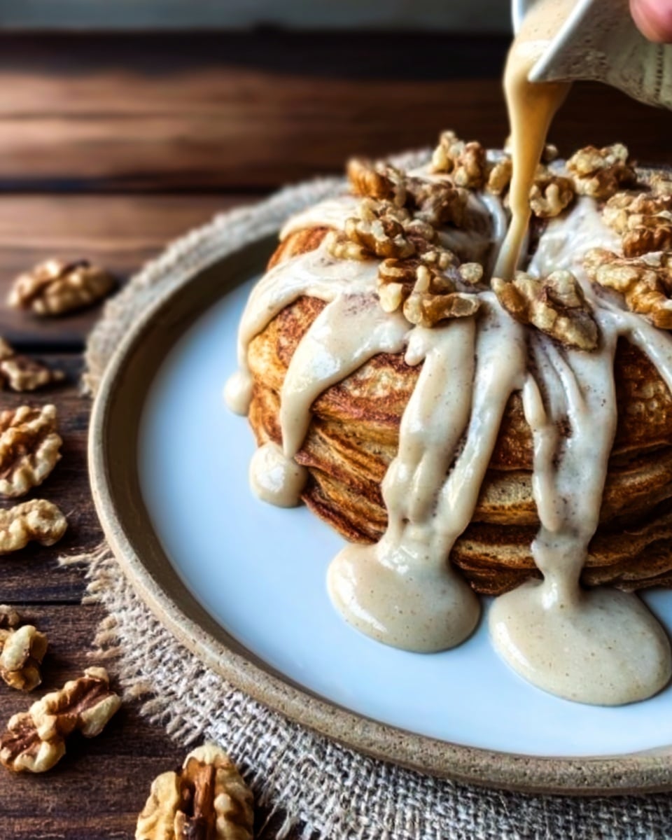 A white plate holds a stack of four golden brown pancakes, each layer thick and fluffy with a slightly crisp edge. Over the top pancake, a smooth, creamy light beige sauce is drizzled in a loose zigzag pattern, some of it pooling gently around the edges. The plate sits on a textured natural tan woven placemat, placed on a wooden surface with scattered walnut halves around one side. A woman's hand with neatly painted dark nails is reaching toward the plate from the top left corner. photo taken with an iphone --ar 4:5 --v 7