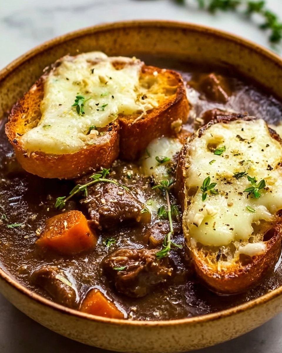 A close-up of a bowl filled with dark brown beef stew containing visible chunks of tender beef and soft orange carrot pieces in a thick broth. On top of the stew lie two toasted golden brown slices of crusty bread, each covered with a layer of melted creamy white cheese sprinkled with small green fresh herb leaves and specks of black pepper. The bowl rests on a white marbled surface. photo taken with an iphone --ar 4:5 --v 7