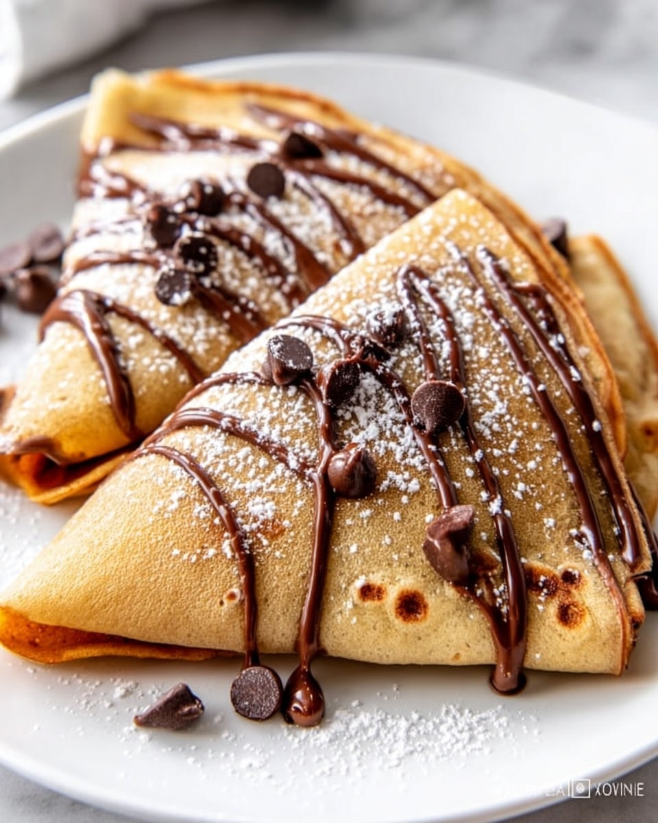 Two folded golden brown crepes sit on a white plate, each drizzled with thin lines of glossy chocolate sauce and sprinkled with small dark chocolate chips. The crepes have a soft, smooth texture with some light spots showing where they cooked. A light dust of powdered sugar covers the tops, adding a delicate white contrast. The plate rests on a white marbled surface, creating a clean and bright setting that highlights the warm colors of the crepes and chocolate. photo taken with an iphone --ar 4:5 --v 7